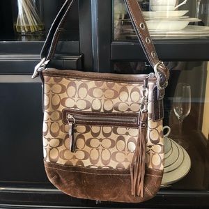Coach logo canvas, suede and leather shoulder bag